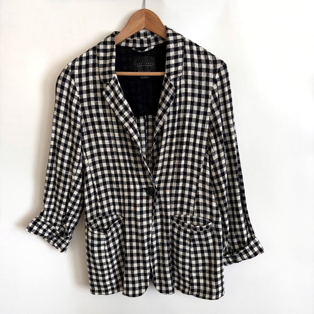 Sanctuary Linen Blend Blazer Women Size M Black & White Gingham Plaid